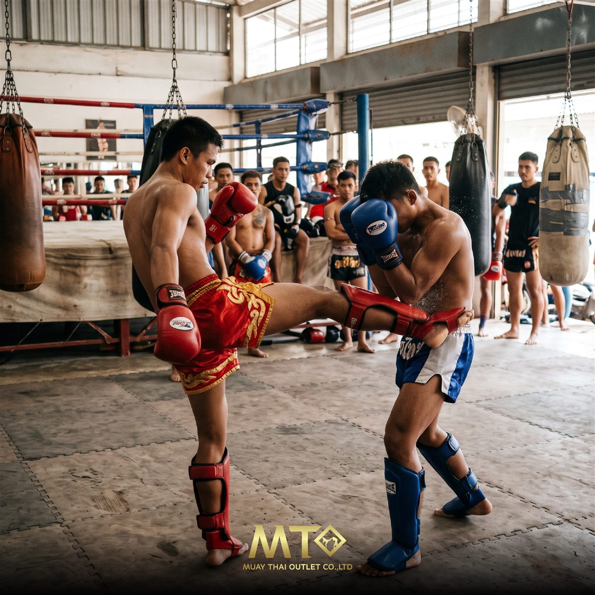 Muay Thai sparring with gloves and shin guards